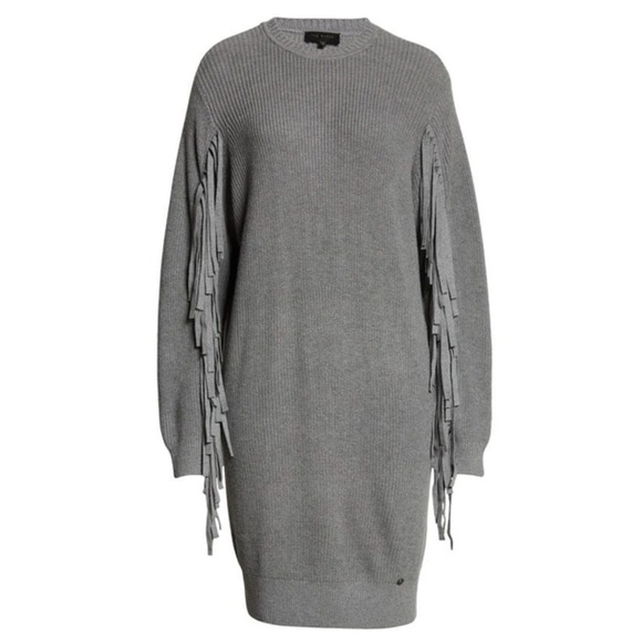 NWT TED BAKER Wool Blend Rib Knit Fringe Trim Long Sleeve Cocoon Sweater Dress 4 - Picture 13 of 13